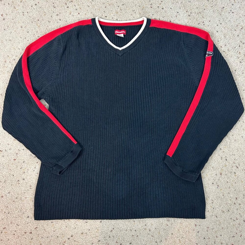 Vtg Y2K Unionbay Black Ribbed Sweater with Stripe Sleeve Size XL Men's